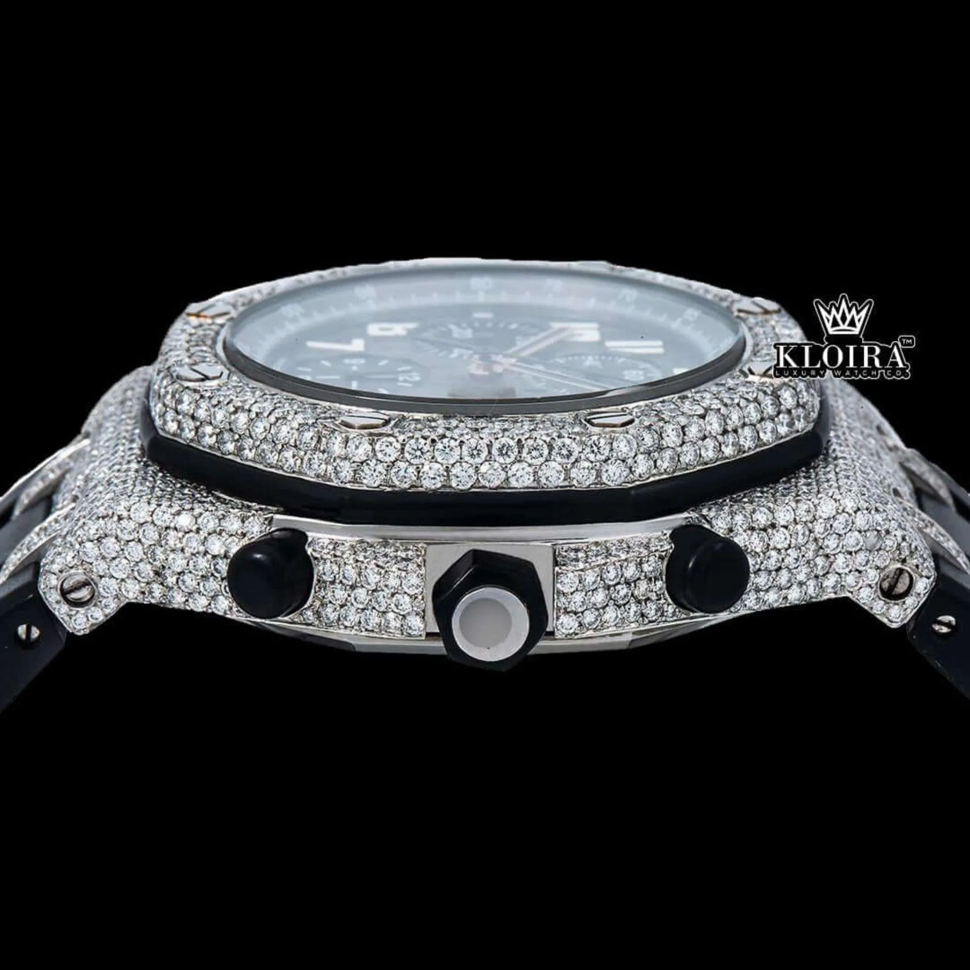 Iced Out Bezel Black Dial Rubber Strap Moissanite Diamond Watch Crown View