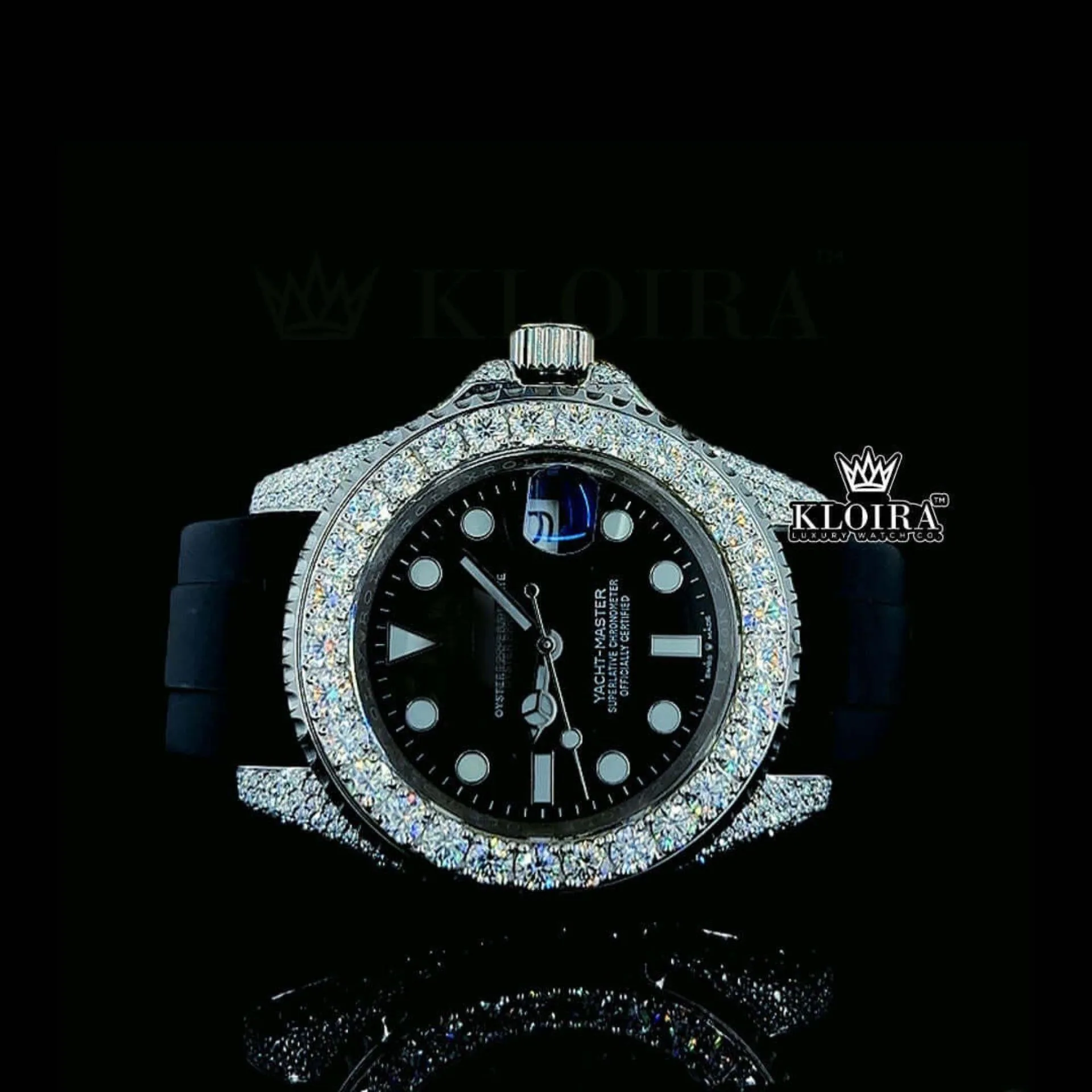 Iced Out Black Dial Rubber Strap Moissanite Diamond Watch Front View