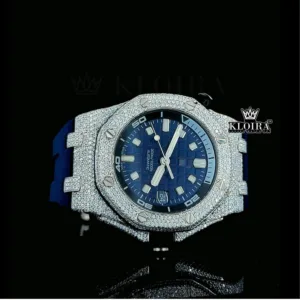 Iced Out Blue Date Display Dial Rubber Strap Moissanite Diamond Watch