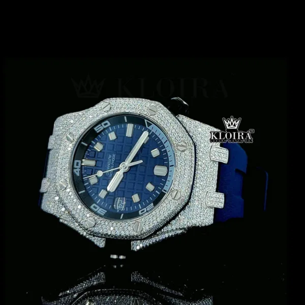 Iced Out Blue Date Display Dial Rubber Strap Moissanite Diamond Watch Left Profile View