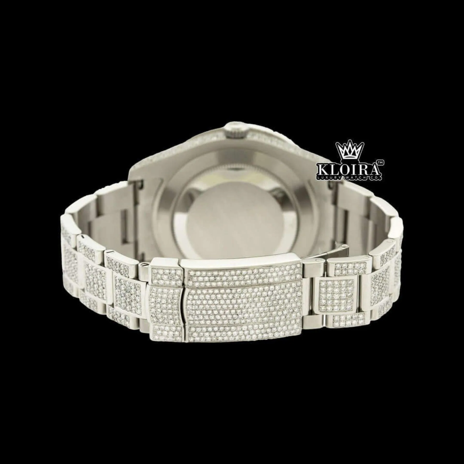 Iced Out Blue Roman Numerals White Gold Dial Moissanite Diamond Watch Caseback View