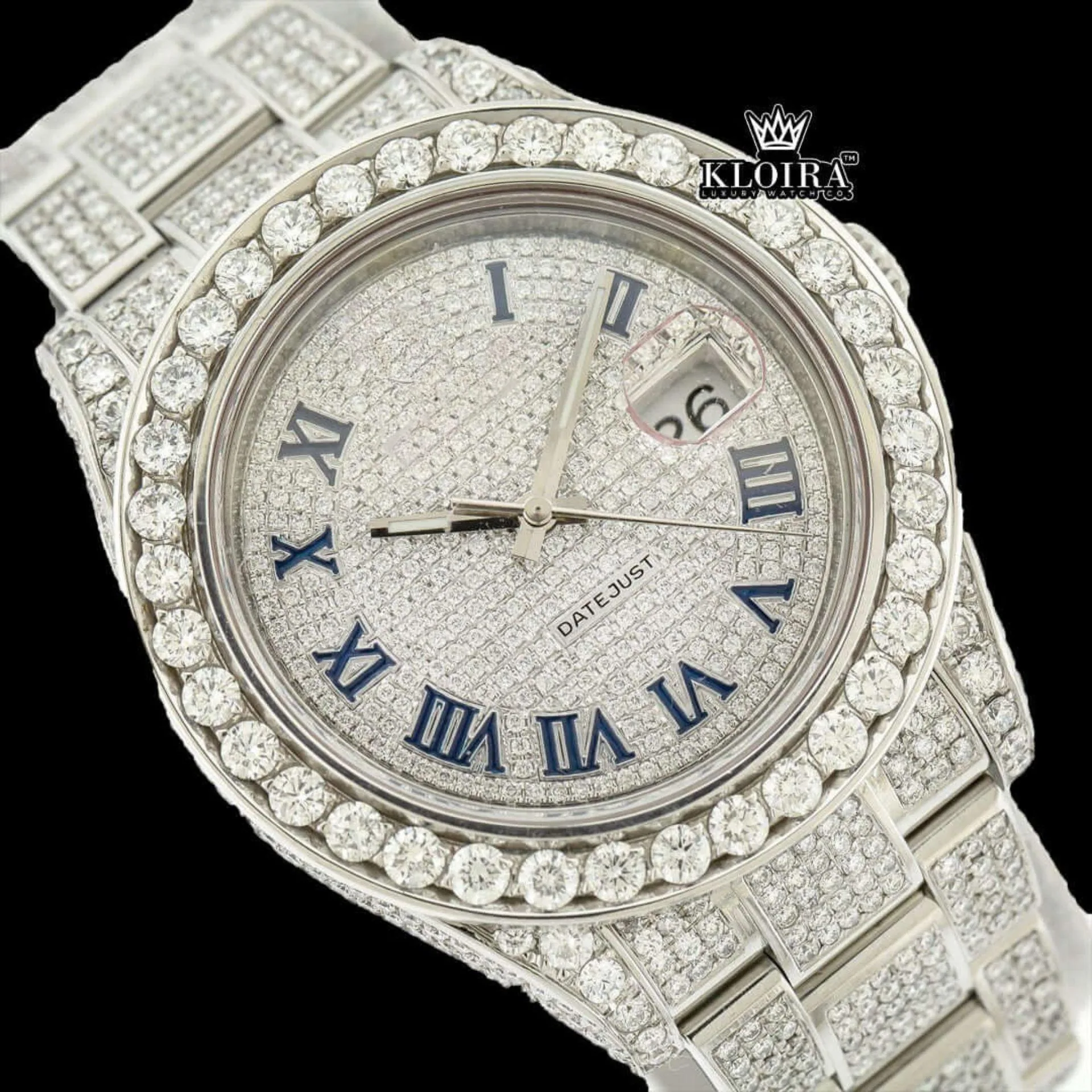 Iced Out Blue Roman Numerals White Gold Dial Moissanite Diamond Watch Close Up Dial View
