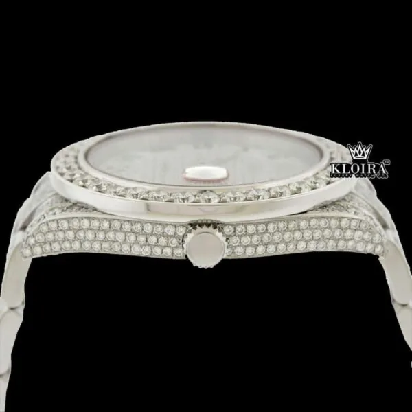 Iced Out Blue Roman Numerals White Gold Dial Moissanite Diamond Watch Crown View