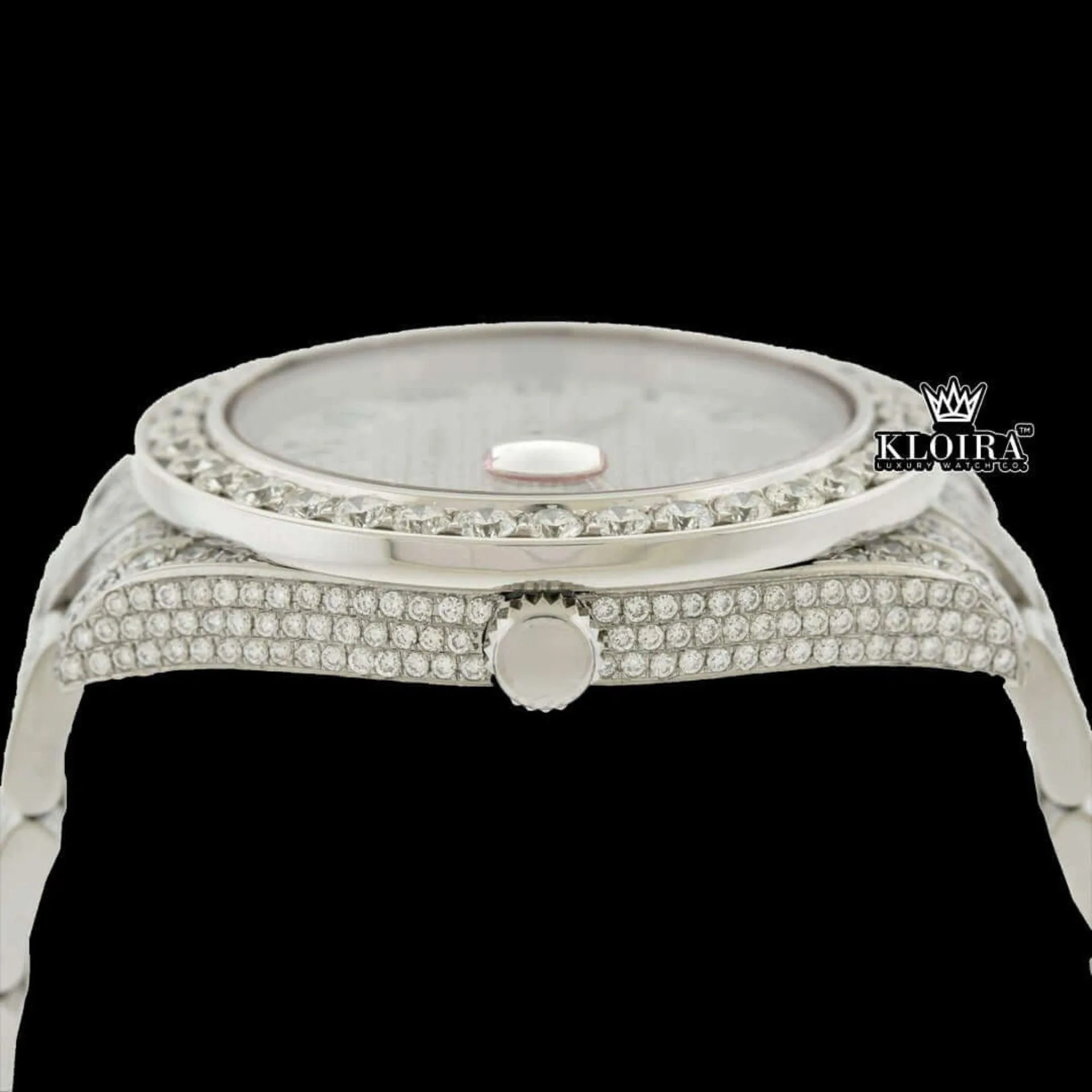 Iced Out Blue Roman Numerals White Gold Dial Moissanite Diamond Watch Crown View