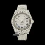 Iced Out Blue Roman Numerals White Gold Dial Moissanite Diamond Watch