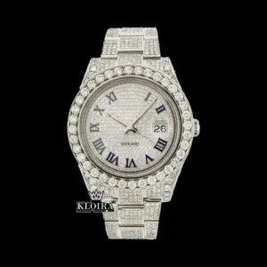 Iced Out Blue Roman Numerals White Gold Dial Moissanite Diamond Watch