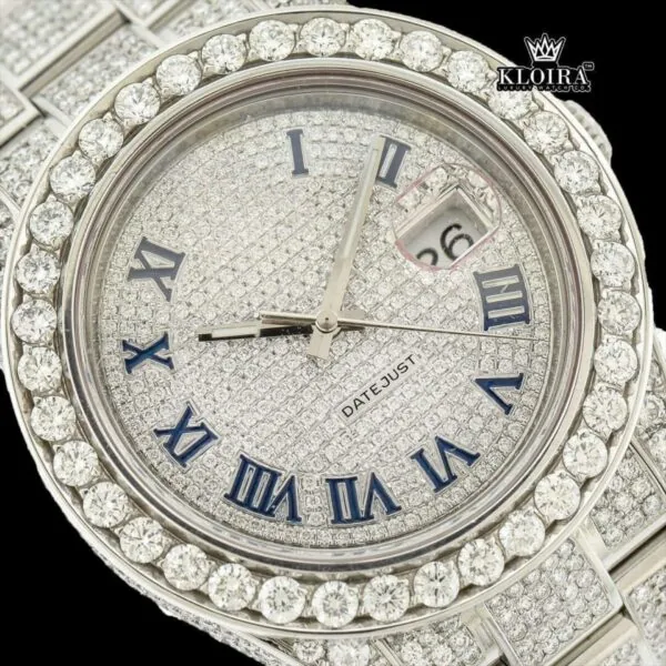 Iced Out Blue Roman Numerals White Gold Dial Moissanite Diamond Watch Full Close Up Dial View