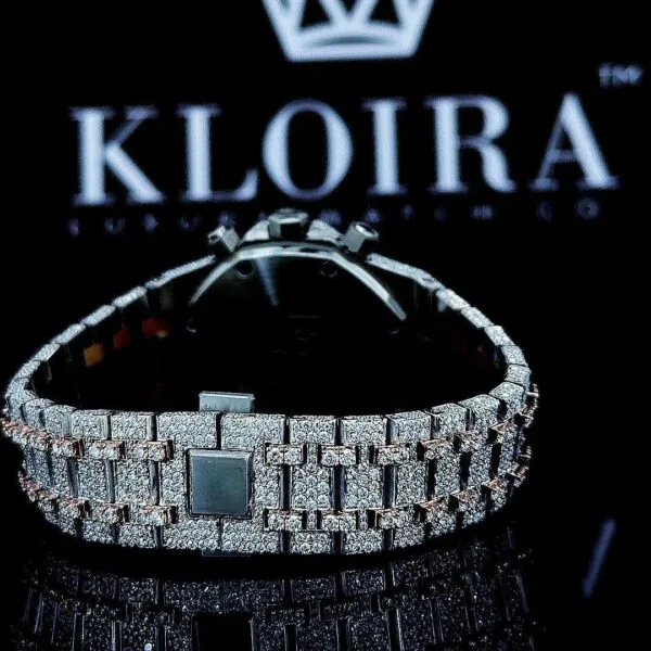 Iced Out Chronograph Dial Two Tone Bracelet Stick Markers Moissanite Watch Back View
