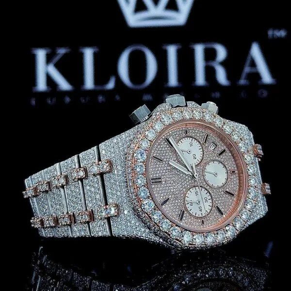 Iced Out Chronograph Dial Two Tone Bracelet Stick Markers Moissanite Watch Left Strap View