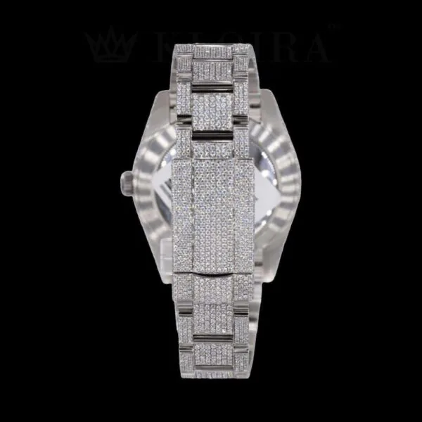 Iced Out Date Display Stick Dial Moissanite Diamond Watch Caseback View