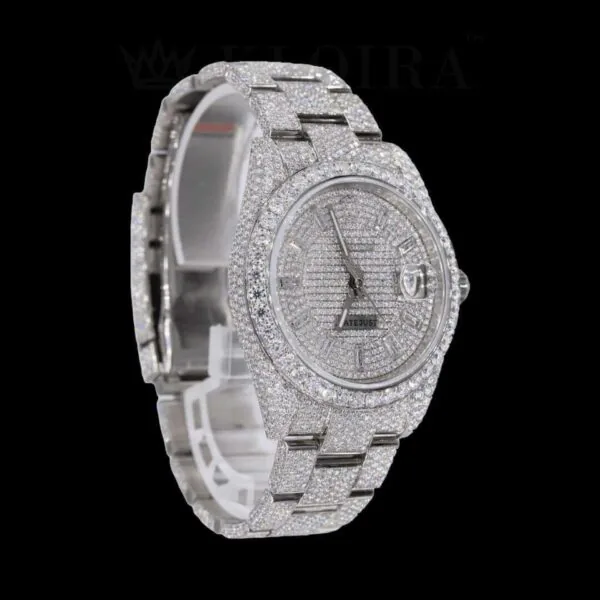 Iced Out Date Display Stick Dial Moissanite Diamond Watch Left Profile View