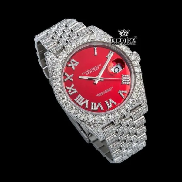 Iced Out Red Dial Roman Numeral Moissanite Diamond Watch Close Up Front View