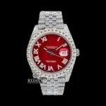 Iced Out Red Dial Roman Numerals Moissanite Diamond Watch