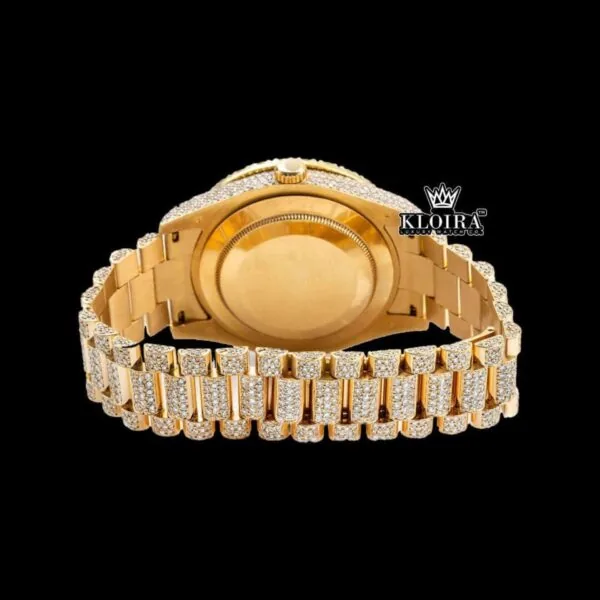 Iced Out Red Roman Numeral Ywllow Dial Moissanite Diamond Watch Caseback View