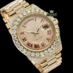 Iced Out Red Roman Numeral Ywllow Dial Moissanite Diamond Watch Close Up Front View
