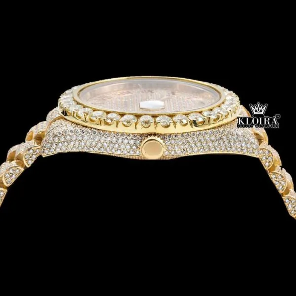 Iced Out Red Roman Numeral Ywllow Dial Moissanite Diamond Watch Crown View