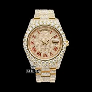 Iced Out Red Roman Numerals Yellow Dial Moissanite Diamond Watch