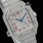 Iced Out Red Roman Numerals White Dial Moissanite Diamond Watch Close Up Dial View