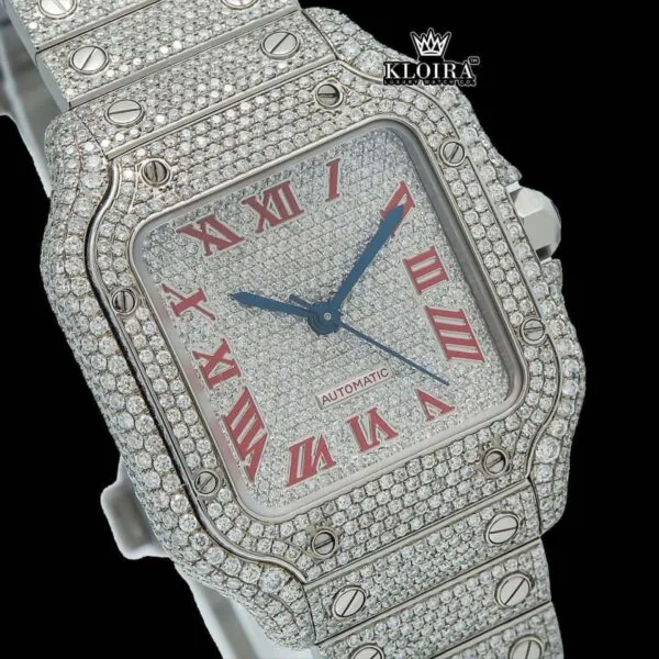 Iced Out Red Roman Numerals White Dial Moissanite Diamond Watch Close Up Dial View