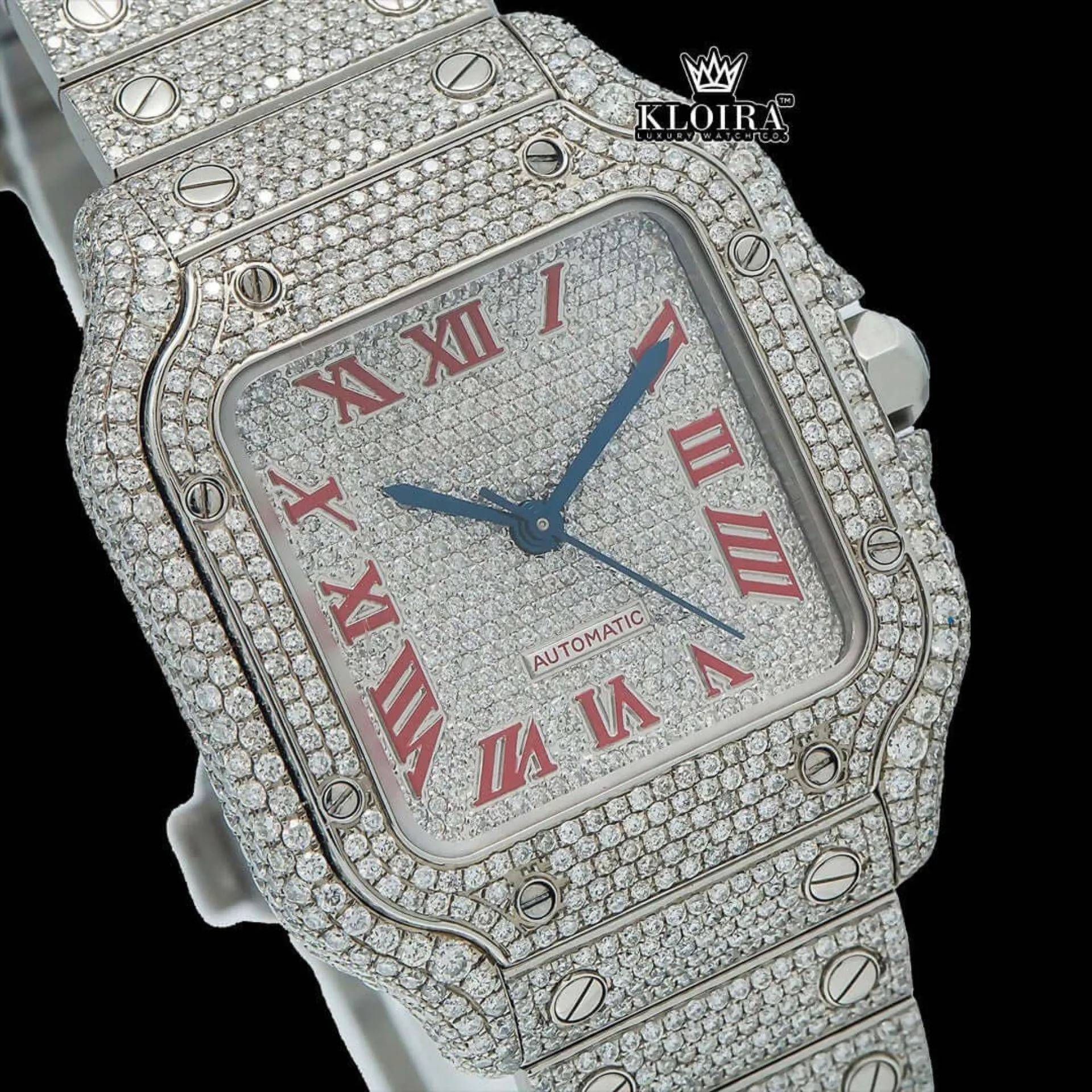 Iced Out Red Roman Numerals White Dial Moissanite Diamond Watch Close Up Dial View