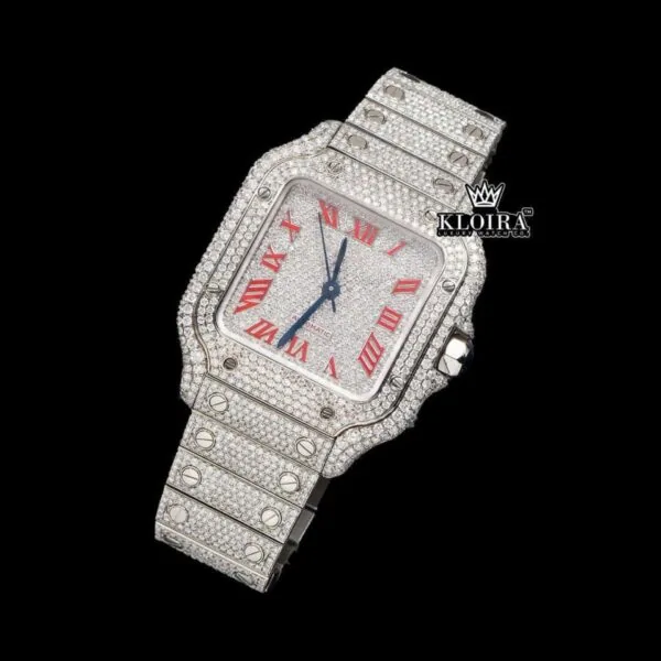 Iced Out Red Roman Numerals White Dial Moissanite Diamond Watch Close Up Front View