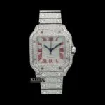 Iced Out Red Roman Numerals White Dial Moissanite Diamond Watch