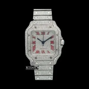Iced Out Red Roman Numerals White Dial Moissanite Diamond Watch