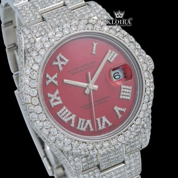 Iced Out Roman Numeral Red Dial Moissanite Diamond Watch Close Up Dial View