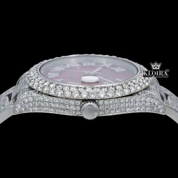 Iced Out Roman Numeral Red Dial Moissanite Diamond Watch Crown View