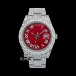 Iced Out Roman Numeral Red Dial Moissanite Diamond Watch
