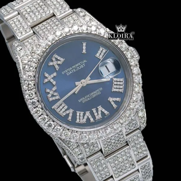 Iced Out Roman Numerals Blue Dial Moissanite Diamond Watch Close Up Dial View