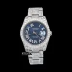 Iced Out Roman Numerals Blue Dial Moissanite Diamond Watch