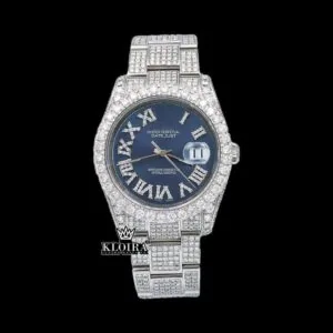 Iced Out Roman Numerals Blue Dial Moissanite Diamond Watch