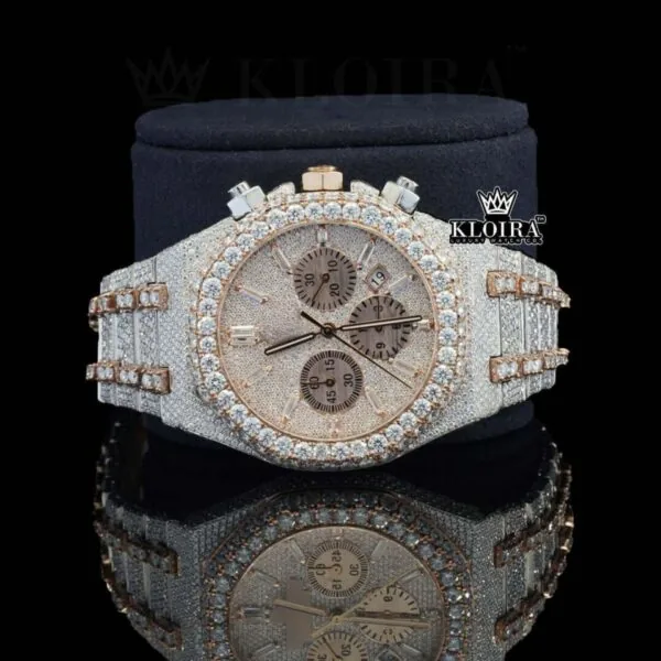 Iced Out Rose Gold Dial Chronograph Diamond Markers Moissanite Watch Close Up Front View