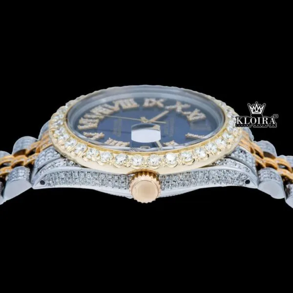Iced Out Two Tone Roman Numerals Blue Dial Moissanite Diamond Watch