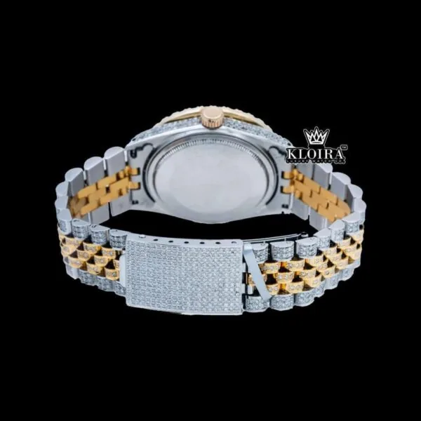 Iced Out Two Tone Roman Numerals Blue Dial Moissanite Diamond Watch Caseback View