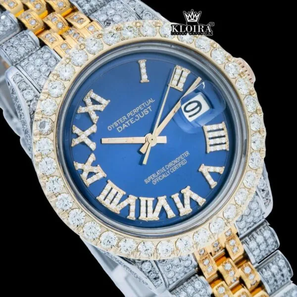 Iced Out Two Tone Roman Numerals Blue Dial Moissanite Diamond Watch Close Up Dial View