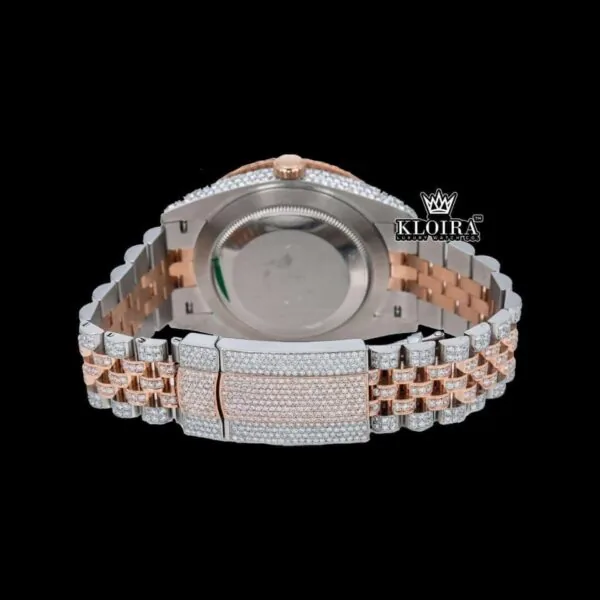 Iced Out Two Tone Rose Gold Dial Roman Numeral Moissanite Watch Caseback View