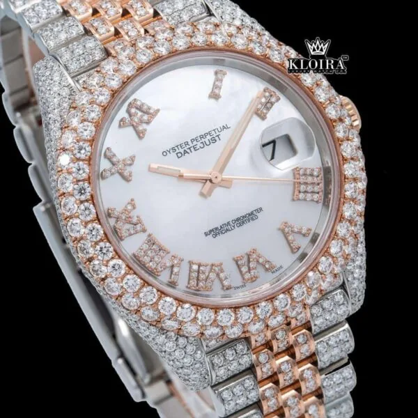 Iced Out Two Tone Rose Gold Dial Roman Numeral Moissanite Watch Close Up Dial View
