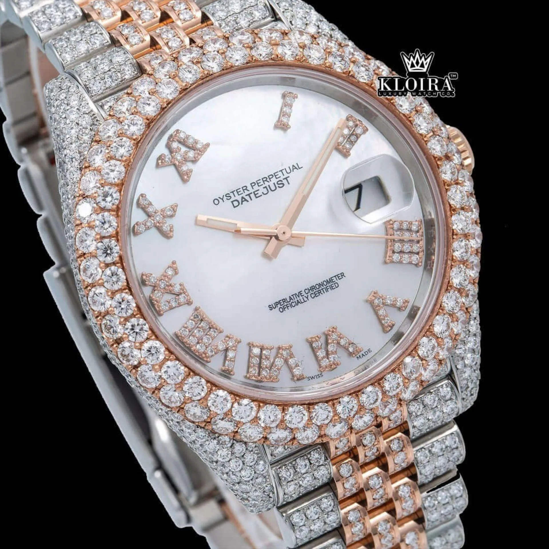 Iced Out Two Tone Rose Gold Dial Roman Numeral Moissanite Watch Close Up Dial View