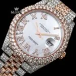 Iced Out Two Tone Rose Gold Dial Roman Numeral Moissanite Watch Close Up Front View