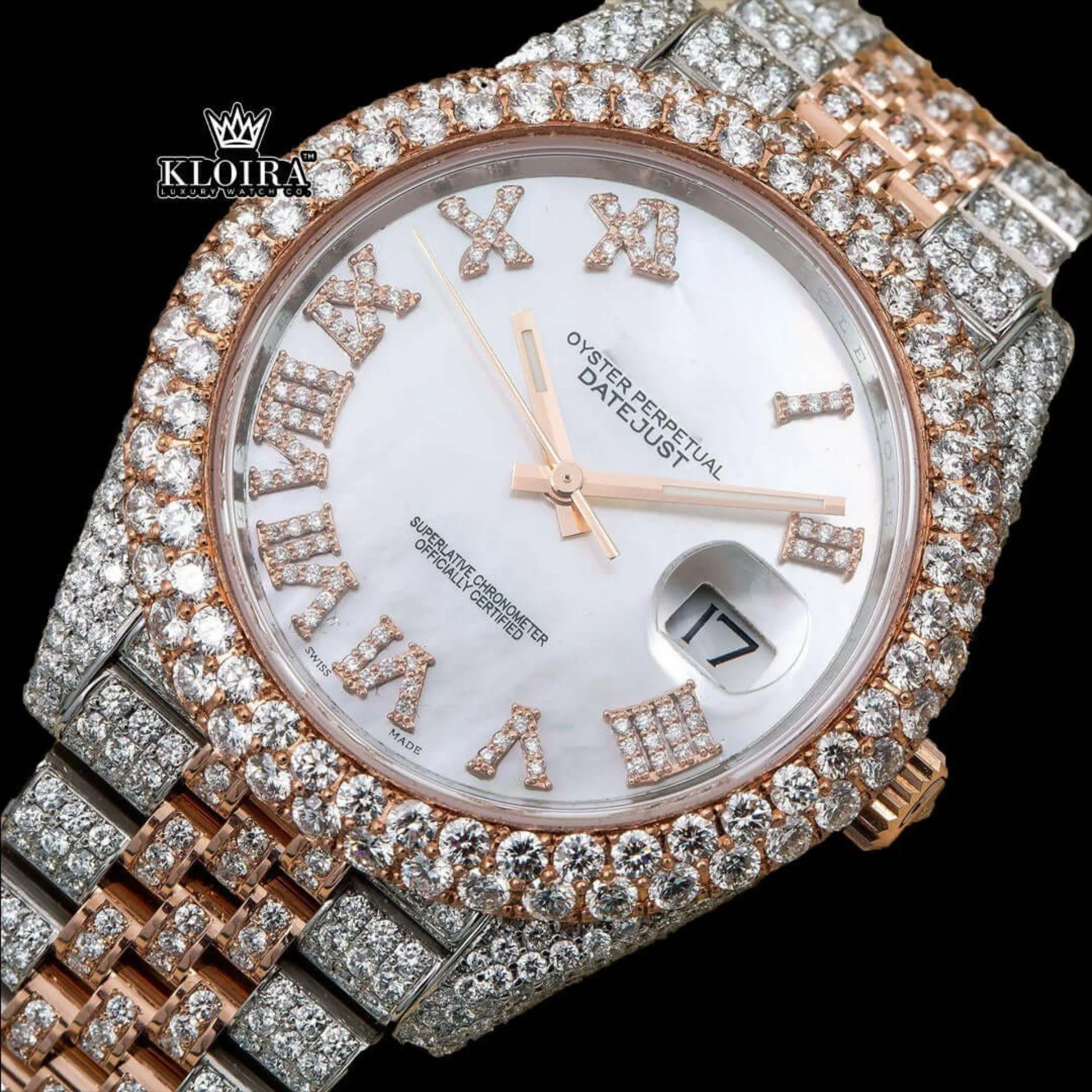 Iced Out Two Tone Rose Gold Dial Roman Numeral Moissanite Watch Close Up Front View
