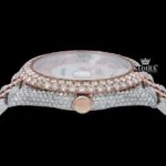 Iced Out Two Tone Rose Gold Dial Roman Numeral Moissanite Watch Crown View