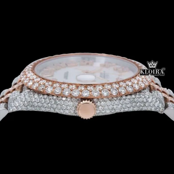 Iced Out Two Tone Rose Gold Dial Roman Numeral Moissanite Watch Crown View