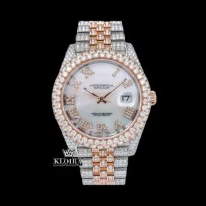 Iced Out Two Tone Rose Gold Dial Roman Numeral Moissanite Watch
