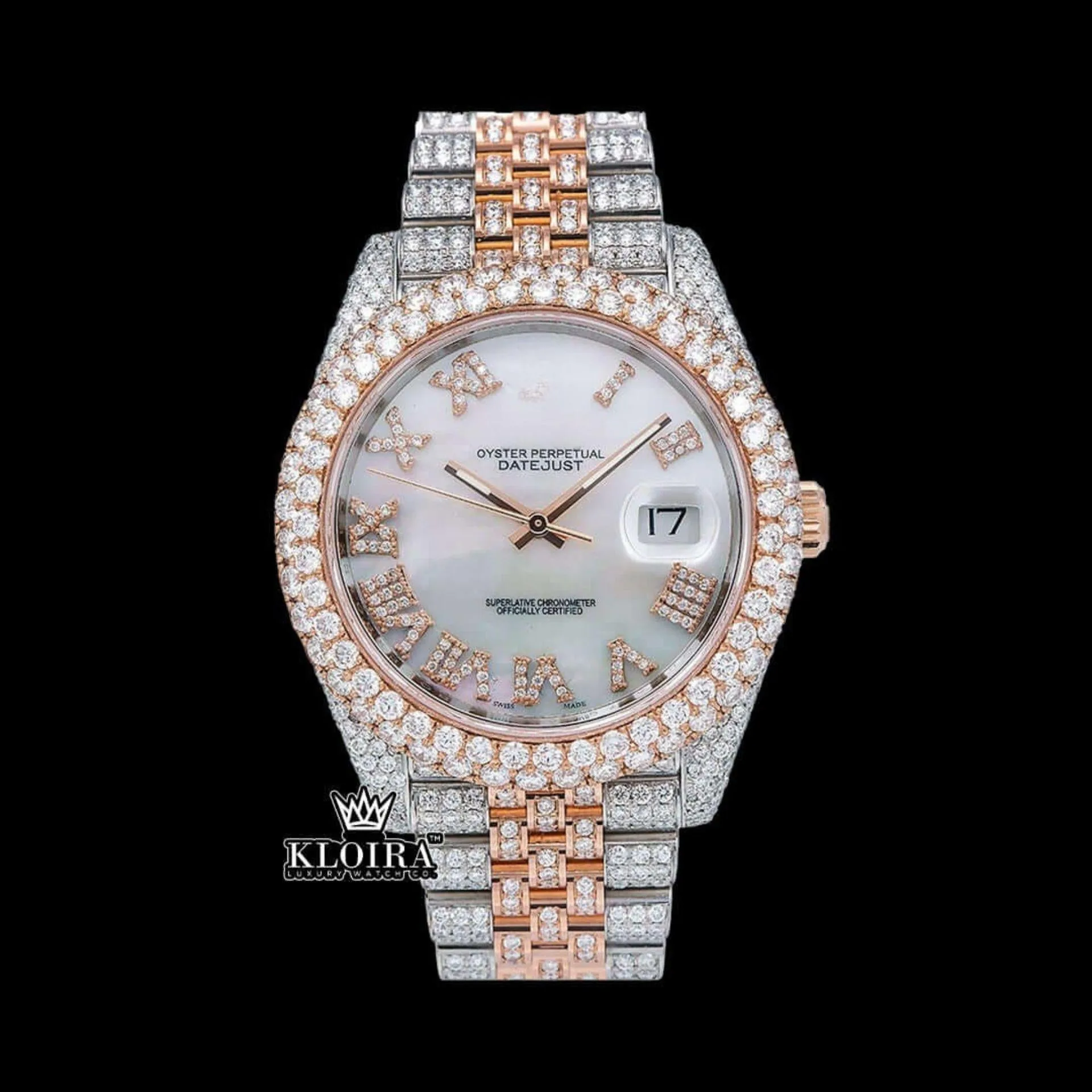 Iced Out Two Tone Rose Gold Dial Roman Numeral Moissanite Watch Front View