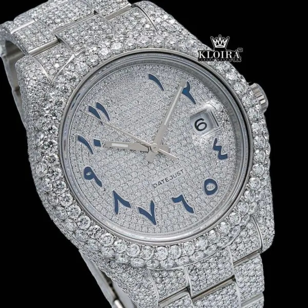 Iced Out White Dial Blue Arabic Numerals Moissanite Diamond Watch Close Up Dial View