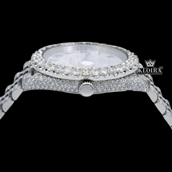 Iced Out White Dial Blue Arabic Numerals Moissanite Diamond Watch Crown View