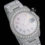 Iced out White dial rainbow Arabic Numerals Moissanite Diamond watch Close Up Dial View