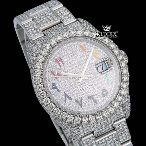 Iced out White dial rainbow Arabic Numerals Moissanite Diamond watch Close Up Dial View